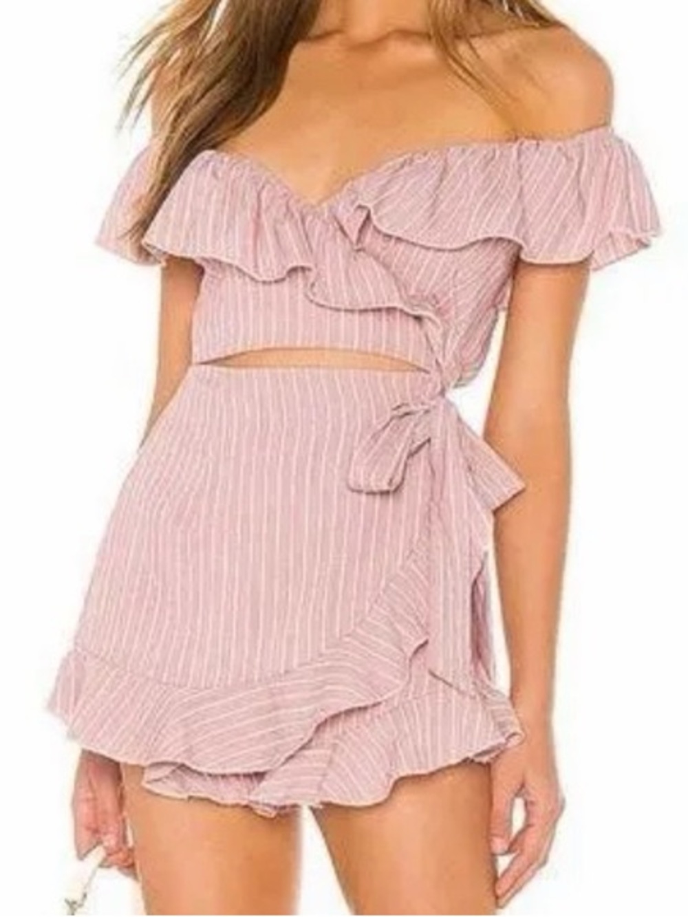 Revolve Superdown Angela Wrap Tie Romper in Pink Stripe
